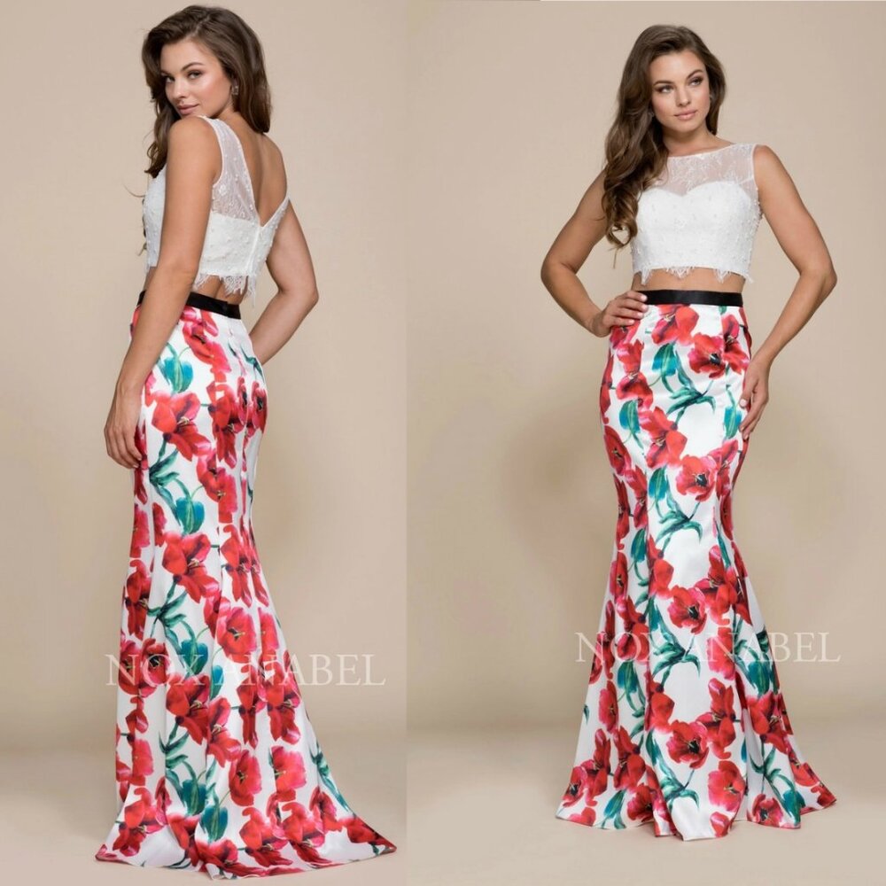 Nox Anabel 8342 Lace Top and Floral Trumpet Skirt 2-piece Prom Dress, S,M,XL
